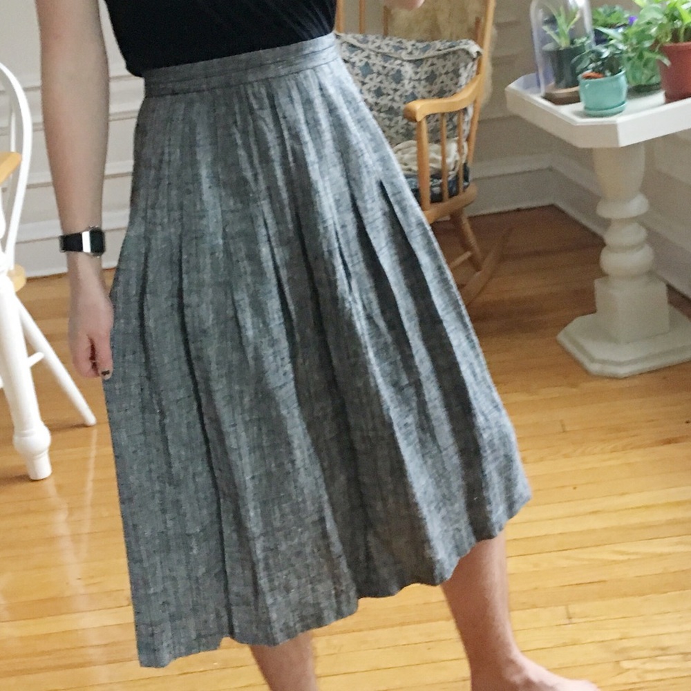 pleated grey and blue skirt